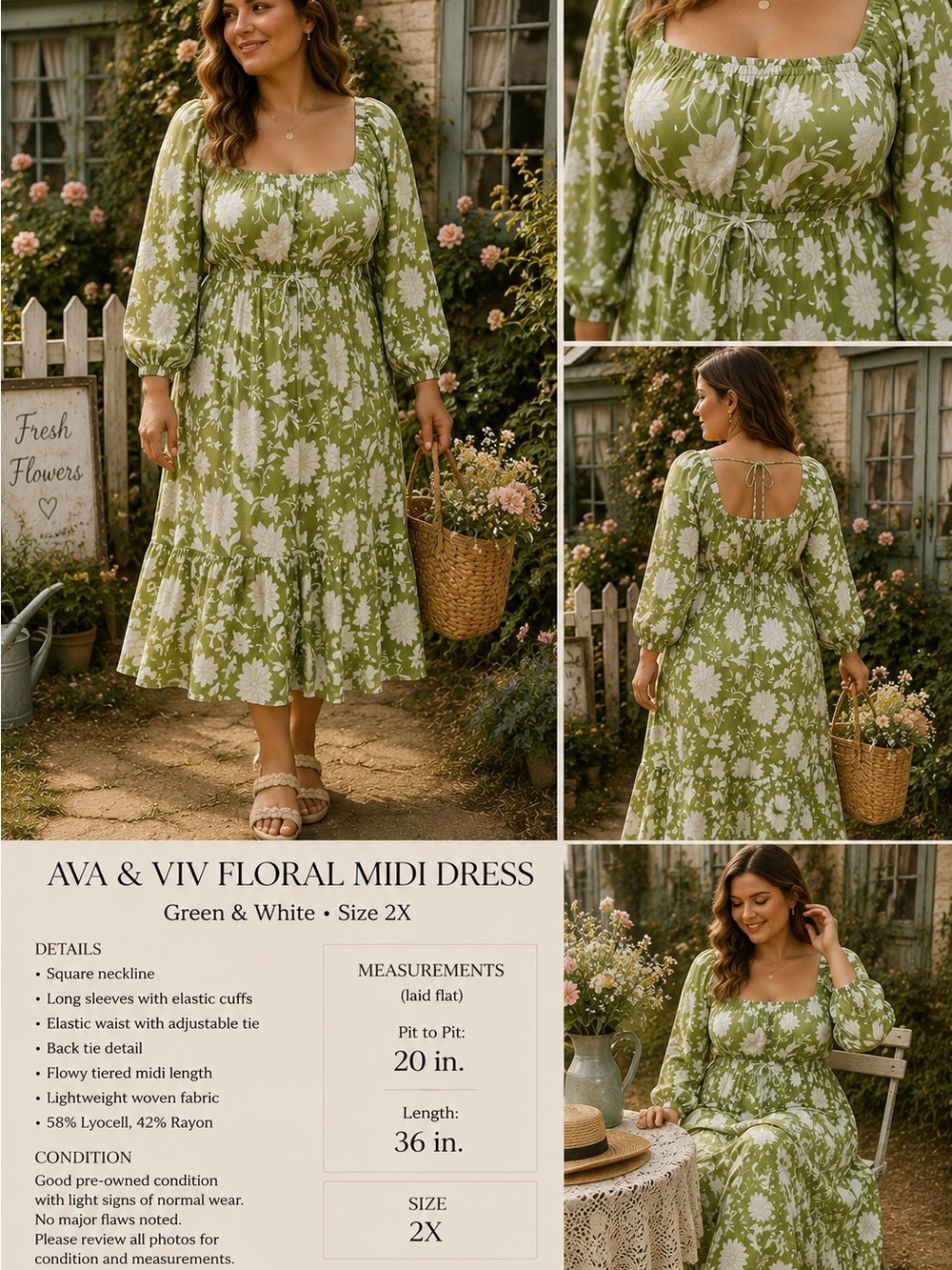 Ava & Viv Cottagecore Green and White Floral Midi Dress